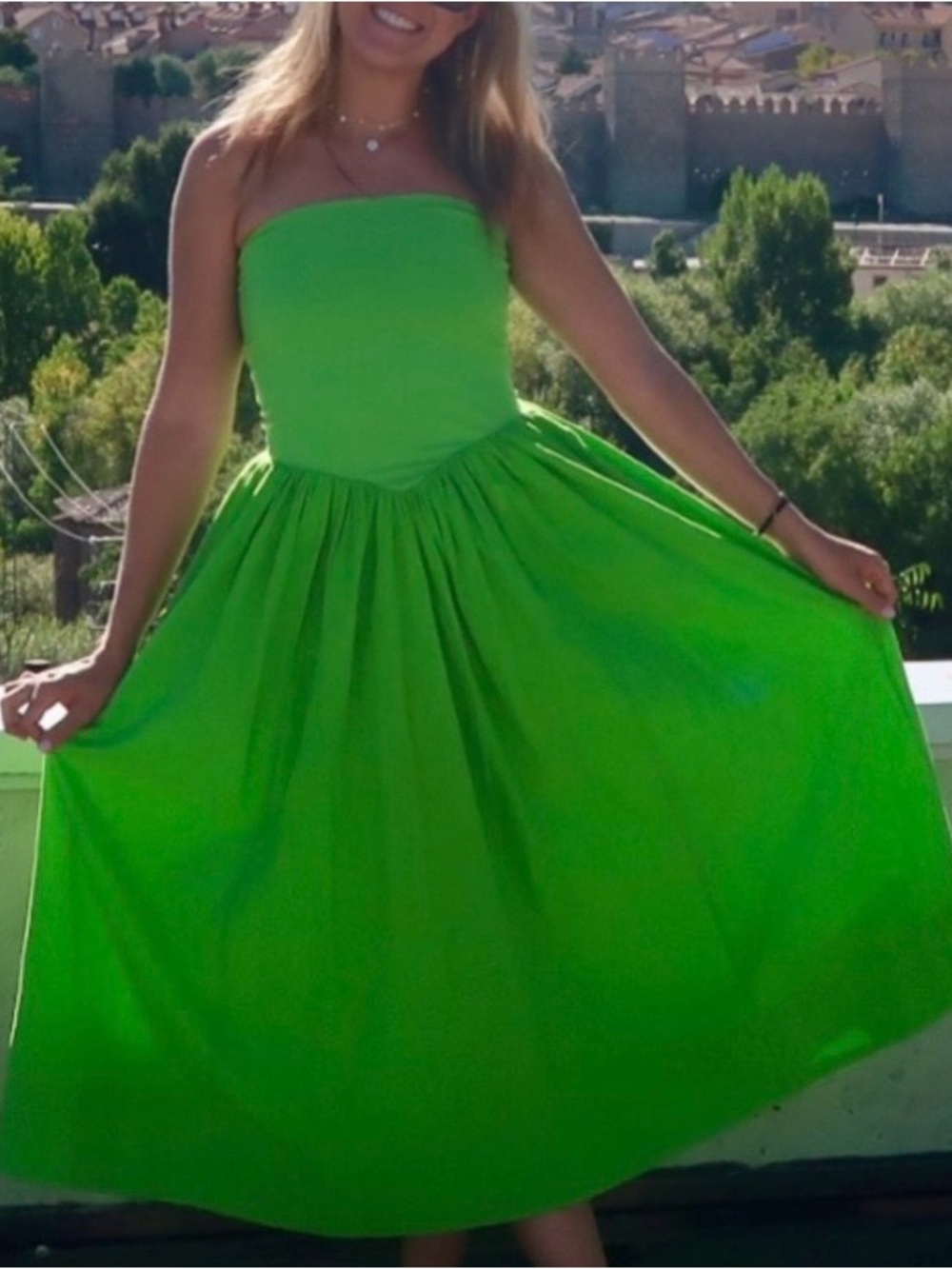 Free People Bright Green Strapless Midi Dress